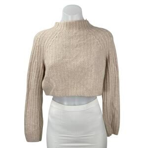 Monki Women's Beige Tan Ribbed Wool Mock Neck Long Sleeve Crop Sweater Top Sz S